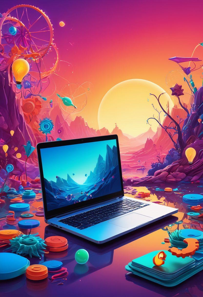 An imaginative digital landscape showcasing an intricate web of interconnected browser tabs, each tab featuring a unique browser hack illustrated in vibrant colors. The scene includes whimsical elements like floating question marks, gears, and light bulbs symbolizing creativity and innovation. A person is navigating this journey on a sleek laptop, embodying curiosity and exploration. The background is a blend of tech-inspired motifs and soft gradients to evoke a sense of wonder. vector art. vibrant colors.