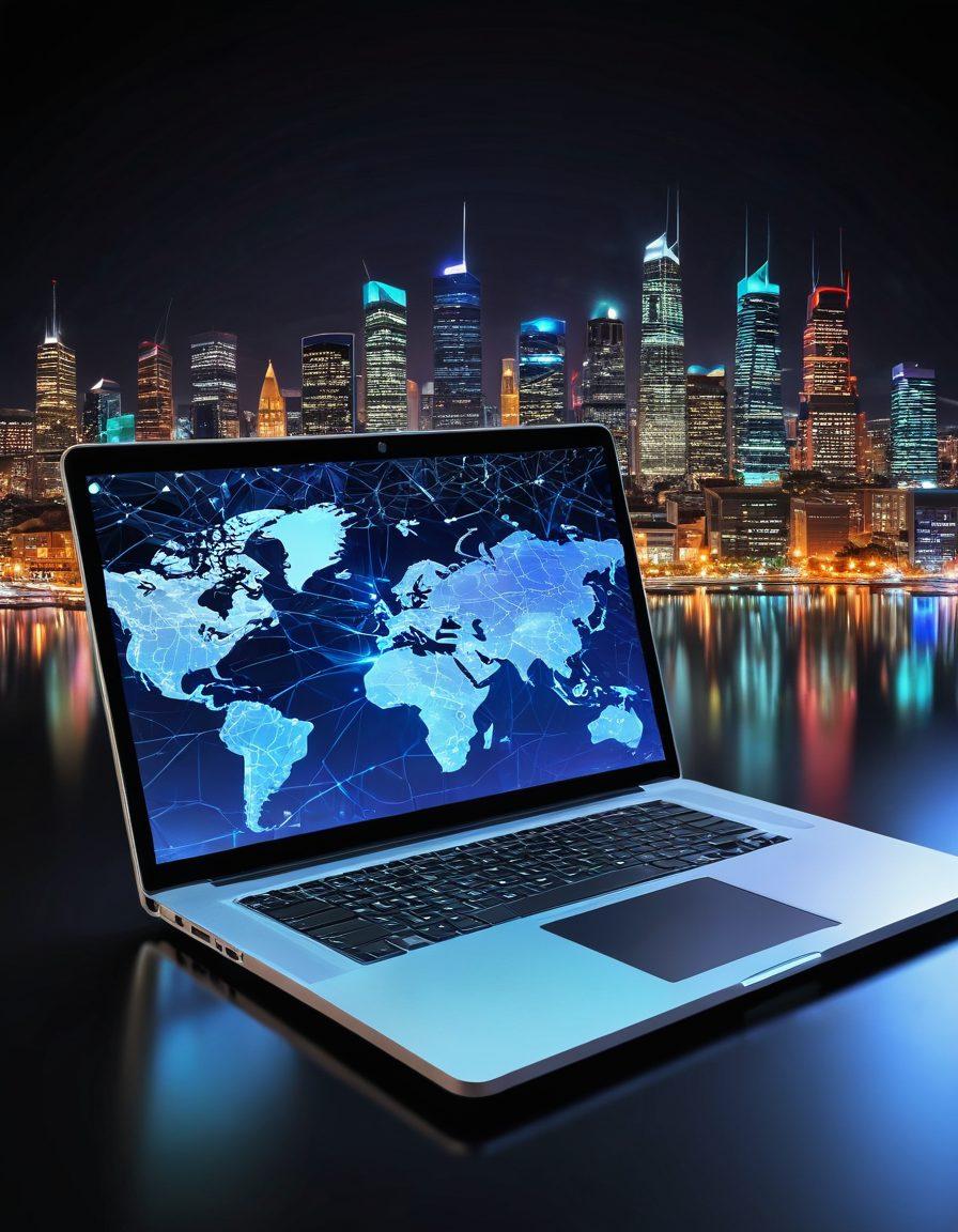 A digital landscape featuring an open laptop with a glowing, intricate web of interconnected websites floating above it. Surround the laptop with colorful icons representing various internet tools like search engines, social media, and online resources. Include a confident person navigating this web with ease, symbolizing mastery of online navigation. The background should be a sleek, futuristic city skyline reflecting connectivity. vibrant colors. 3D.